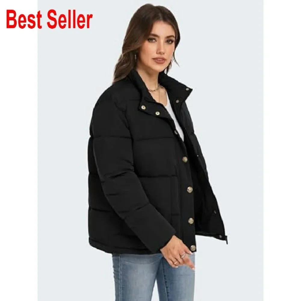 Cropped Puffer Jacket Winter Stand Collar Zip Up Snap Button Lightweight